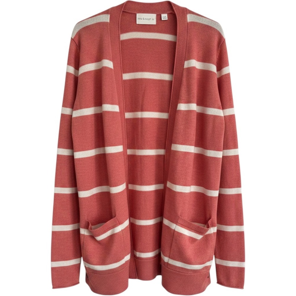 Mia & Tess Coral White Striped Open Front Cardigan Sweater Pockets Medium